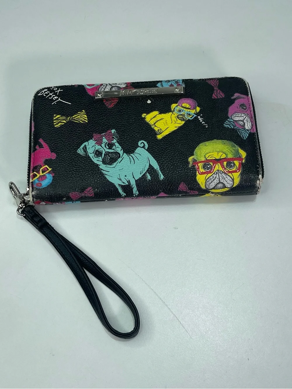 Betsey Johnson Wristlet Wallet Pug Dog Colorful Print Zip Around Quirky